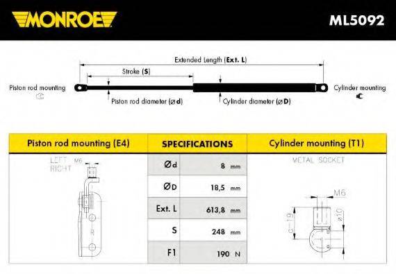 MONROE ML5092 Газова пружина, кришка багажника