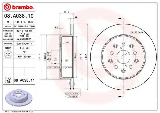 BREMBO 08A03811 гальмівний диск