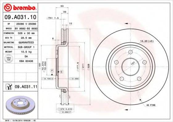 BREMBO 09A03111 гальмівний диск